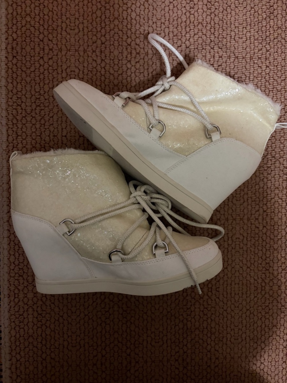 Women's Cream Wedge Lace-Up Ankle Boots